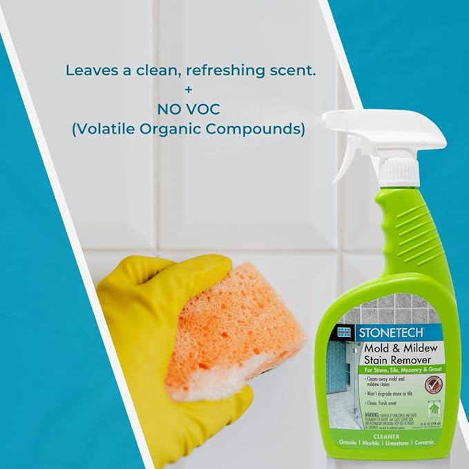 StoneTech Mold and Mildew Stain Remover Cleaning Kit | Kitchen Patio Shower and Bathroom Cleaner for Natural Stone Tile and Grout 2-Pack 24-Ounce Spray with Microfibers and Crevice Brushes