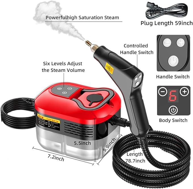 Red Handheld Steam Cleaner with Handle Controllable Switch Steam Cleaner Home 1500W Steam Cleaner for Home Use Car Steamer Auto Detailing Kitchen Floors Tools