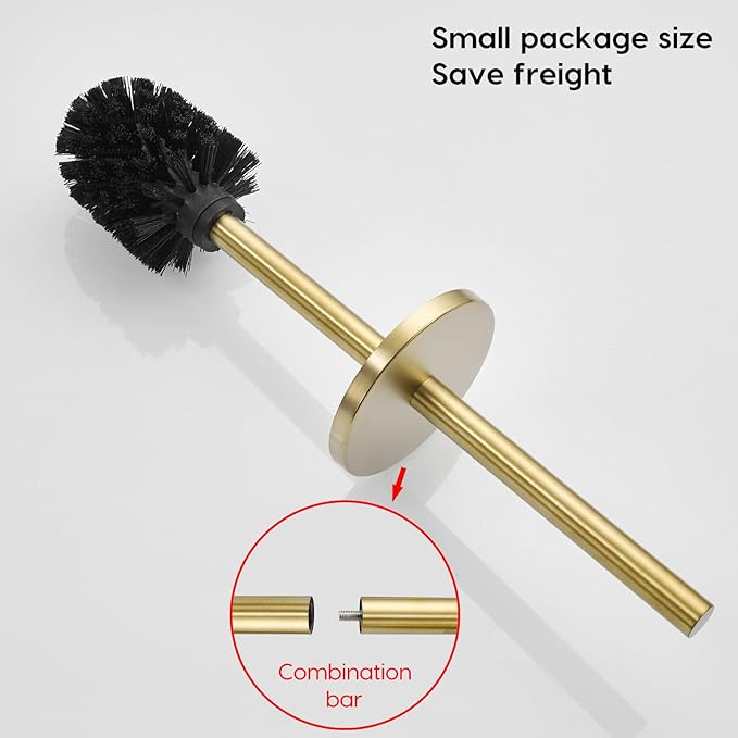 Gold Brushed Stainless Steel Toilet Brush and Cover No-Punch Hook Base Dual Purpose Toilet Brush Holder with Removable Inner Bucket and Splash Cover - Soft Bristles (Brushed Gold)