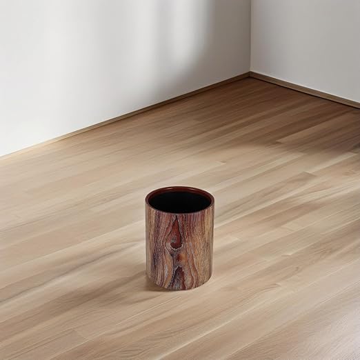 Retro Wood Grain Trash Can Round Wastebasket for Office Home Vintage Design Easy Disposal No Lid Easy to Clean