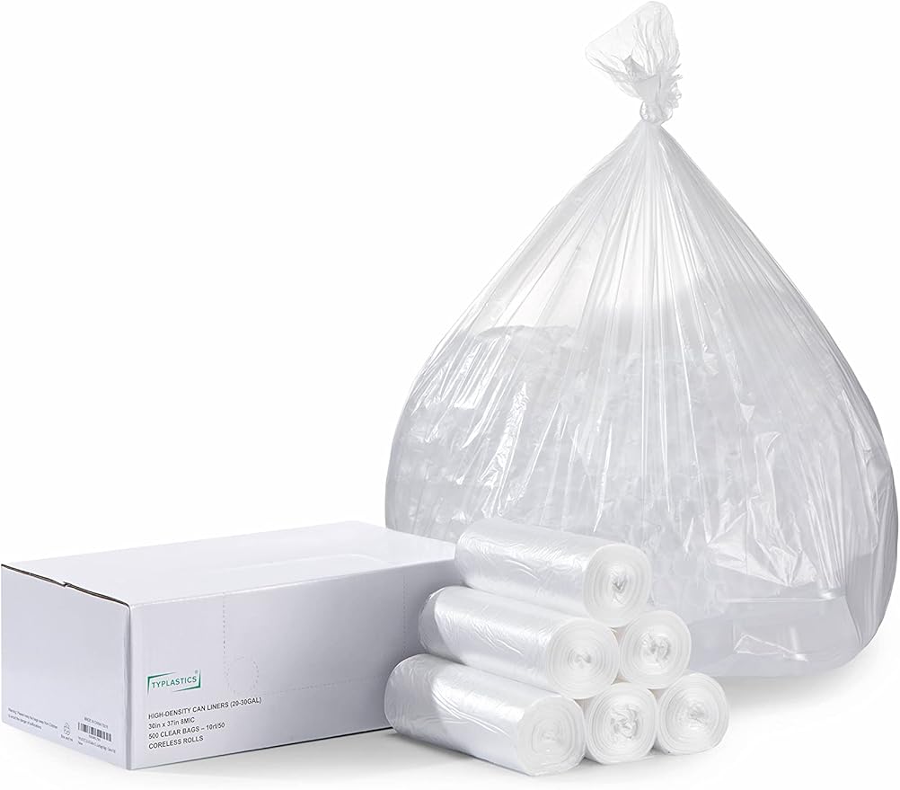 TYPLASTICS 20-30 Gallon Clear Trash Can Liners - 30 x 37 - High Density Garbage Bags - Case of 500 - Multipurpose for Office Outdoor Recycling Industrial and Commercial