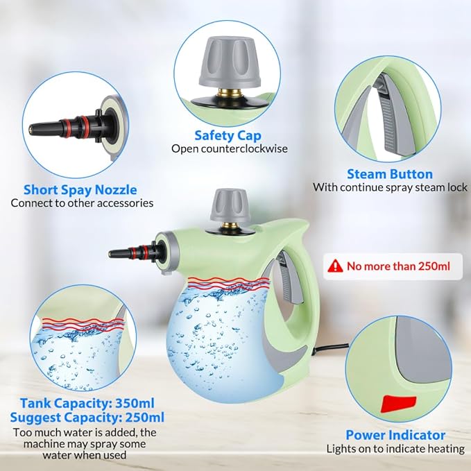 Handheld Pressurized Steam Cleaner with 12 pcs Accessories Portable Steamer for Cleaning Steam Cleaner for Home Use Steamer for Cleaning Car Furniture Floor Upholstery Grout and Tile Green