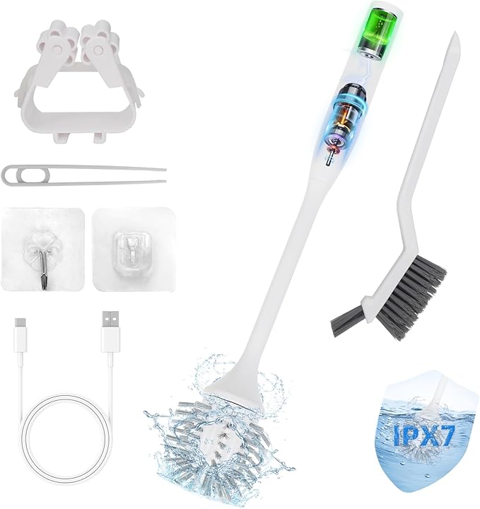 Electric Toilet Brush Ultra Quiet &amp Powerful Scrubbing IPX7 Waterproof Self-Cleaning Brush for Toilet/Bathtub/Grout Cordless Spin Scrubber with 320RPM Turbo Power - White