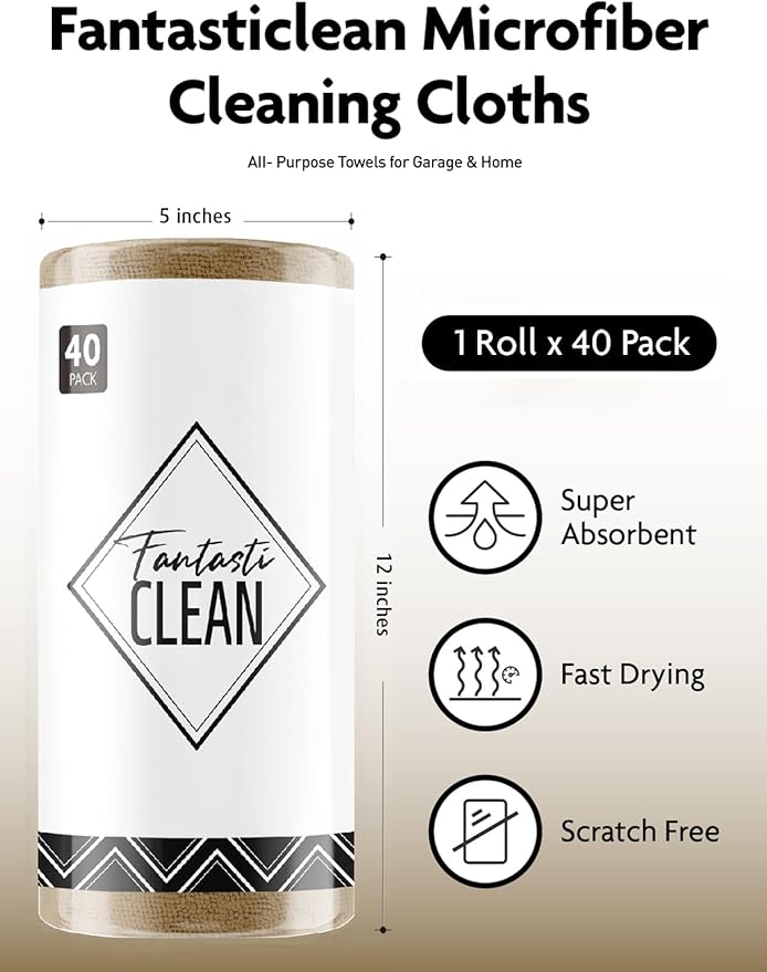 Fantasticlean Microfiber Cleaning Cloth Roll -40 Pack Tear Away Microfiber Towels 12 x 12 Reusable Washable Scratch Free Ultra Absorbent for All-Around Cleaning Supplies (TAN)