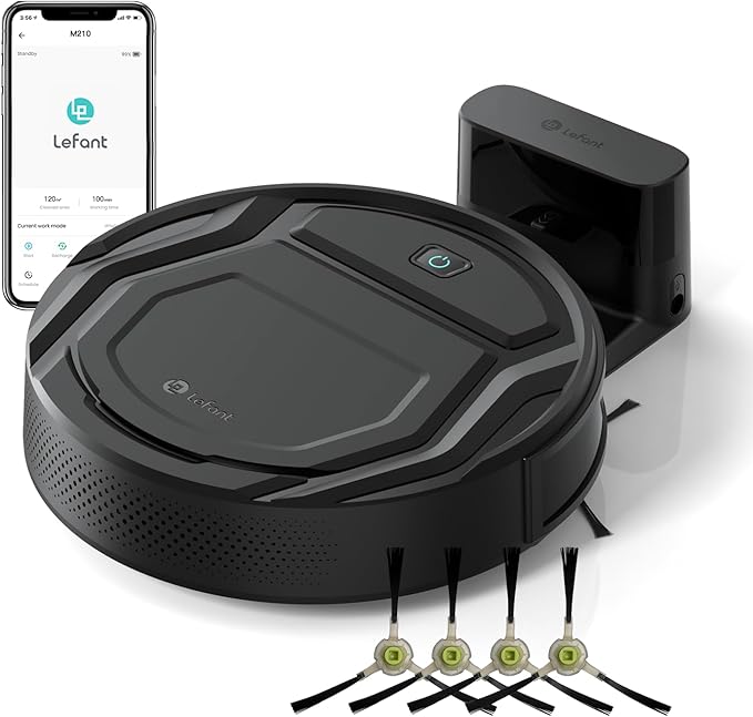 Lefant Robot Vacuum Cleaner 120 Mins Runtime Compact Design Low Noise Powerful Suction Wi-Fi/App/Voice Control Self-Charging Scheduled Cleaning Ideal for Pet Hair and Hard Floors M210 Black