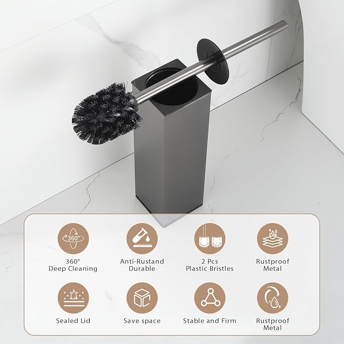 BGL Standing Toilet Brush and Holder GunGrey Aluminium Toilet Bowl Cleaner Brush and Holder for Bathroom Storage and Organization Square Design Sturdy and Space Saving