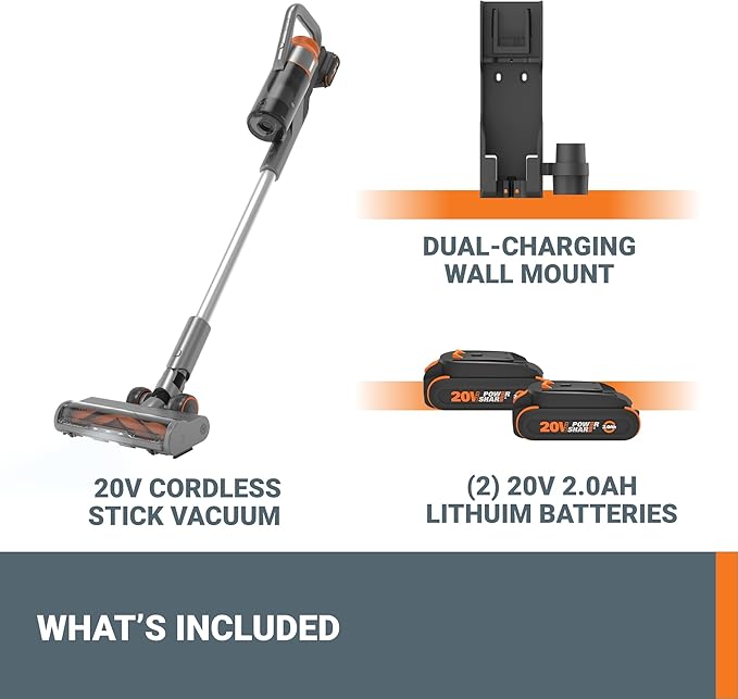 WORX 20V Cordless Stick Vacuum Powerful Cordless Vacuum Cleaner 25Kpa High Suction for Pet Hair Lightweight Handheld Vacuum Cleans Floors Carpet Car – 2 Batteries &amp Wall-Mount Charger Included