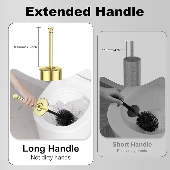 Gold Toilet Brush and HolderLong Handled Gold Toilet Brush for BathroomStainless Steel Heavy Duty Toilet Bowl BrushRemovable Inner BowlDeep Cleaning Dense Bristles Cleaner Brush -Space Saving