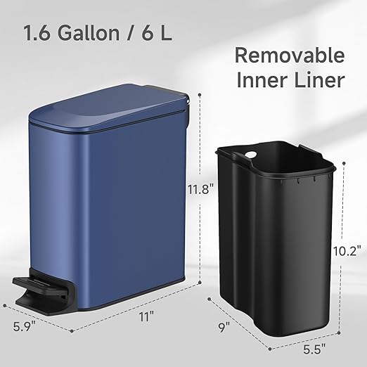 TIPGO Slim Bathroom Trash Can with Lid Soft Close Step Pedal 6 Liter / 1.6 Gallon Stainless Steel Trash Bin Small Garbage Can for Bedroom Office Kitchen (Navy Blue)