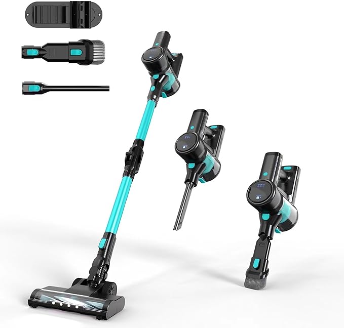 Cordless Vacuum Cleaner 250W/22Kpa Powerful Suction 39 Mins Runtime Anti-Tangle Brush and LED Display Handheld Vacuum for Hard Floors Carpet Pet Hair(Pearl Green)