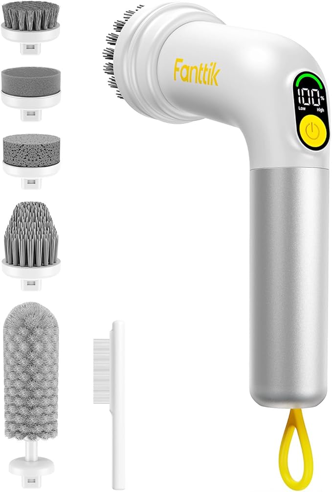 Fanttik G9 Handy Cordless Electric Spin Scrubber MagnaStorm Motor Dual-Speed 5 Brush Heads LED Display IPX7 Waterproof 2500mAh with Type-C Charging for Kitchen Sink Tile Stove- White