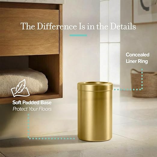Gatco Small Bathroom Trash Can with Lid Round 3 Gallon Stainless Steel Wastebasket Under Sink Brushed Brass for Bathroom Bedroom Office (1910B)