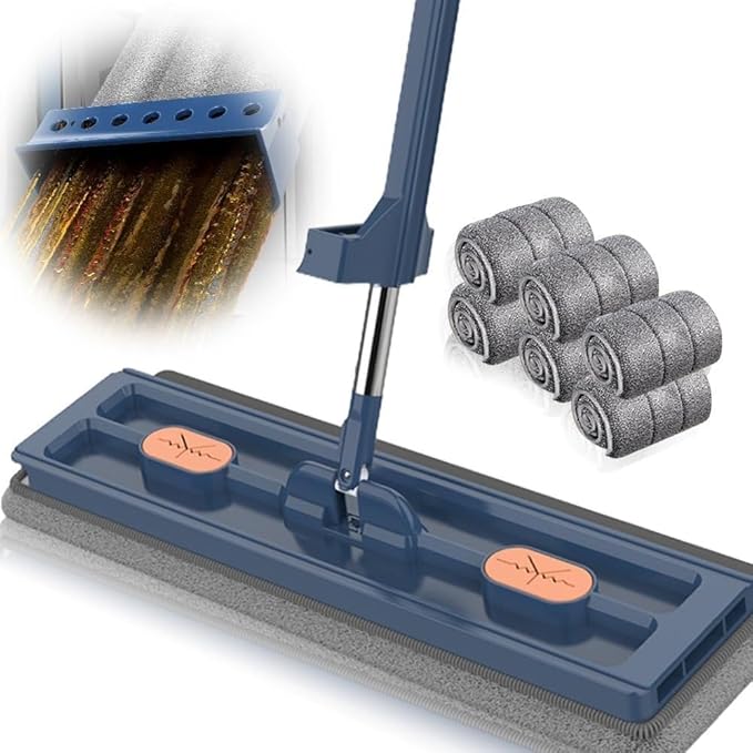 Large Flat Mop New Upgrade Style Large Flat Mop for Wet and Dry Use360 Rotating Dust Mop with Dewatering Scraper with 2 Scraper 12027(Blue with 6 Mop)