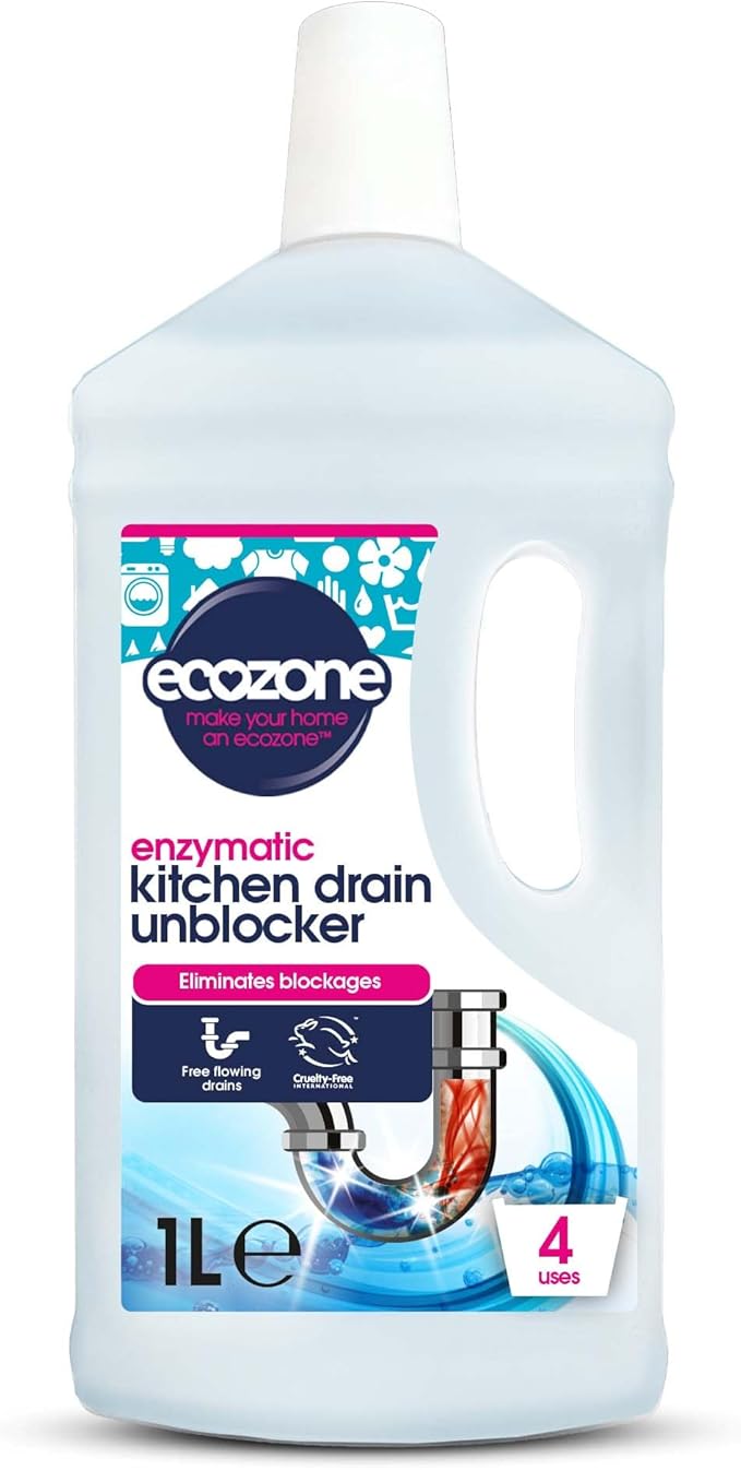 Ecozone Kitchen Drain Unblocker Non-Toxic &amp Bleach-Free Non Corrosive Cleaner Enzyme Solution Breaks Down Soap Grease &amp Organic Blockages in Plug Holes Septic Tank Safe &amp Vegan Friendl