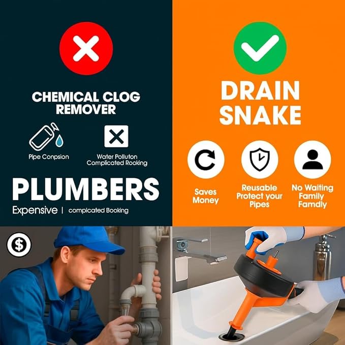 50 FT Drain Snake Hair Drain Clog Remover Manual Or Powered Plumbing Snake With Drill AdapteUnclog Sink Drain Tool Drain Auger for Toilet、Shower、Kitchen、Sink No Auto Retract Or Feed Orange