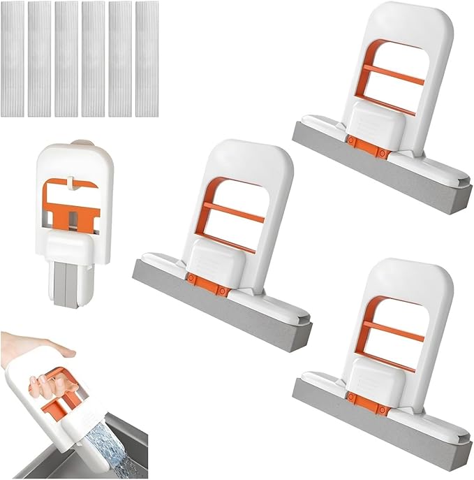 Mini Foldable Desktop MopPortable Self-Squeeze Short MopWet and Dry Use Cleaning Systemfor Bathroom Kitchen Desktop Glass Living Room Car(3 Pcs with 6pcs Heads)
