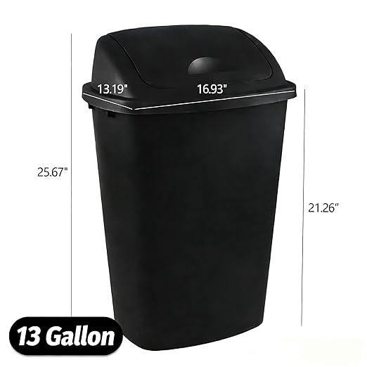 4-Pack 13 Gallon Plastic Swing Top Trash Can Lidded Wastebasket Garbage Can for Kitchen Garage or Workspace Black