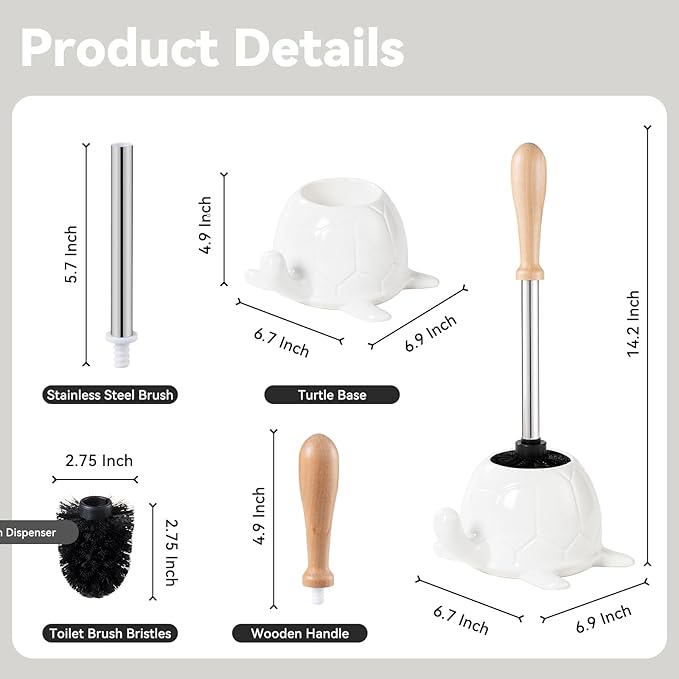 White Ceramic Turtle Base Toilet Brush and Holder Set - 7.5 Cute Toilet Bowl Cleaner Brush Ergonomic Handle Toilet Bowl Brush and Holder for Home &amp Commercial Use Bathroom Brush