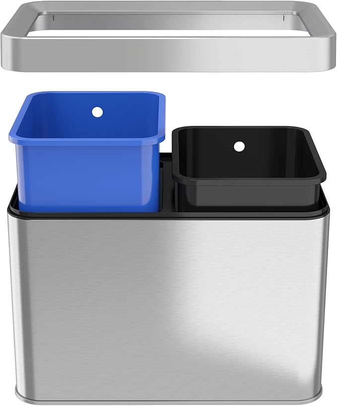 ITouchless 5.3 Gallon / 20L Slim Dual Compartment Open Top Trash Can and Recycle Bin – Rectangular Stainless Steel Wastebasket for Kitchen Home Office Cubicle Breakroom Garage