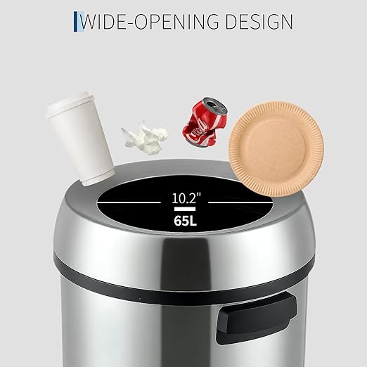 Towallmark 65L/17Gal Heavy Duty Open Top Commercial/Kitchen Trash Can Fingerprint-Resistant Waste Bin for Office Bedroom Restaurant Brushed Stainless Steel