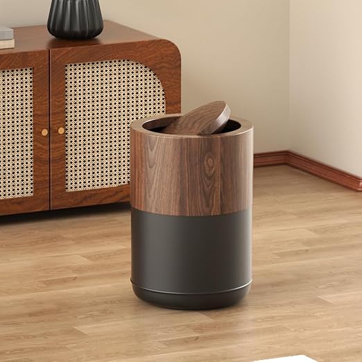 3.1 GAL Modern Metal Trash Can with Realistic Wood TextureBuilt-in Bag HolderFlip LidSmall Bathroom Garbage Can for BathroomHomeOfficeLiving Room (3.1gal Swing lid)