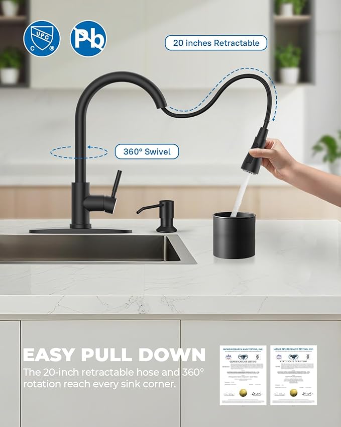 WEWE Kitchen Faucet with Soap Dispenser and Pull Down Sprayer RV Single Handle Classic 3 Modes Stainless Steel Faucet for Kitchen Sink RV Matte Black