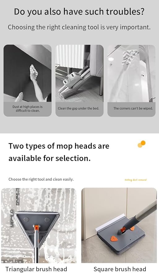Wall Cleaner Mop with Long 81 HandleBaseboard Cleaner Tool with Handle180° Folding Ceiling Tool Duster with Squeegee360 Rotatable Wall Mop (Square + Triangle Set)