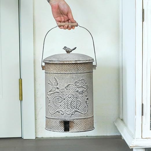 Farmhouse Garbage Can with Lid Indoor Outdoor Trash Can with Embossed Bird and Flowers PatternMetal Retro Kitchen Trash Can with Lid for Kitchen Room and Garden Decor (Grey)