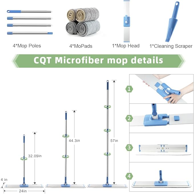 CQT Commercial Flat Microfiber Floor Mop Cleaning System 24 Inch Wet Dry and Dust Hardwood with 4 Washable Pads Cleaner for Laminate Tile Stainless Steel Handle and Extension (Blue)