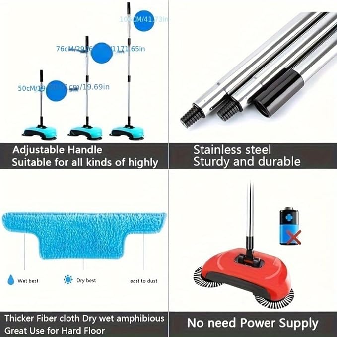 3-in-1 Carpet Sweeper &amp Manual Push Mop 360° Rotating Handheld Cleaner for Hardwood &amp Ceramic Floors Compact Dustpan &amp Trash Bin – Bright Red