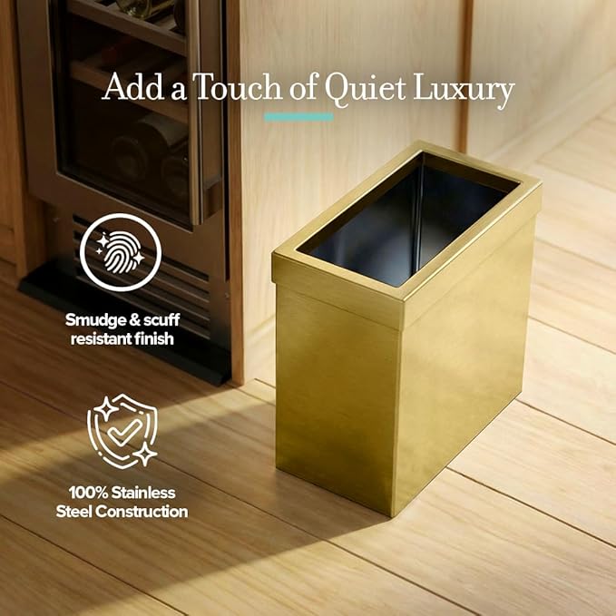 Gatco Modern Rectangle Wastebasket Brushed Brass - Stainless Steel Trash Can with Removable Lid Leakproof 3 Gallon Capacity for Bathroom Bedroom Kitchen or Office