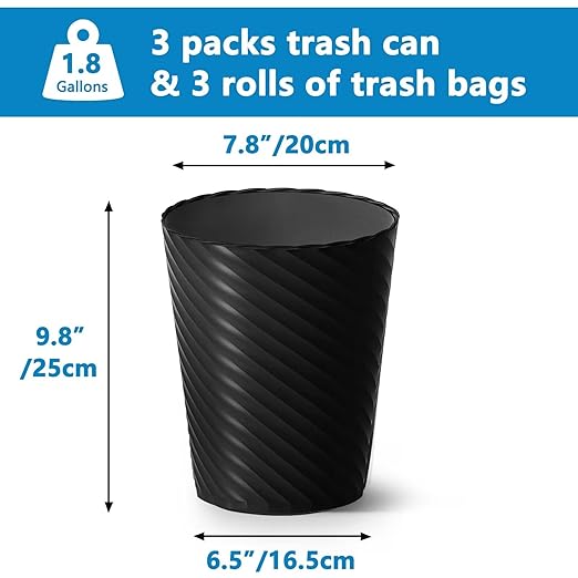Lysam Bathroom Trash Can 3 Pack 1.8 Gallons Small Trash Can with Trash Bags Bathroom Garbage Can Plastic Trash Bin Round Waste Basket for Bedroom Office Kitchen Room Compact Space (Black)