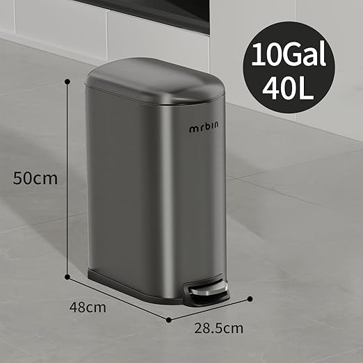MRBIN Stainless Steel Kitchen Trash Can with Lid 10.5 Gal / 40L Slim Step Commercial Waste Basket with Inner Bucket Soft Close Covered Skinny for Narrow Bedroom Living Room Rvs Eclipse Grey