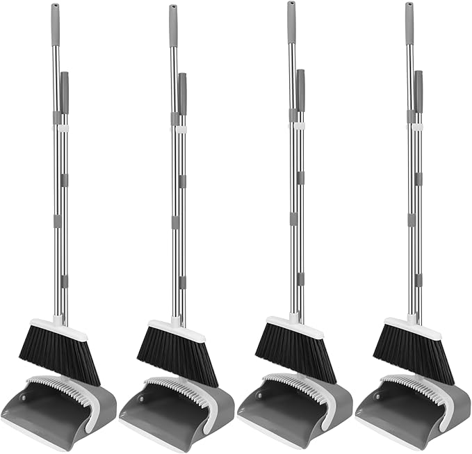 NACENA Broom and Dustpan Set 52-in Long Adjustable Handle Broom Dustpan Combo with Dustpan Teeth to Automatically Clean Hair Suitable for Home Kitchen Office Hall Floor (Grey&ampWhite) 4 Pack