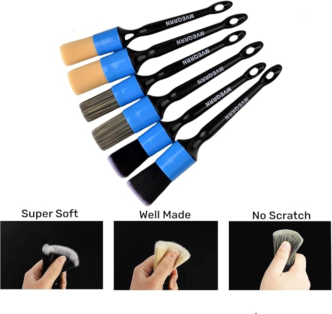 6pcs Car Detailing Brush Set-2pcs Boars Hair Car Detailing Brushes2pcs Ultra Soft No Scratch Detailing Brush for Air VentLeather Seat 2pcs Detail Brushes for Interior Exterior(Blue)