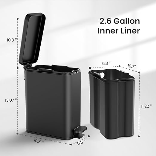 Cesun Bathroom Trash Can with Lid 2.6 Gallon Small Black Bathroom Garbage Can Soft Close Stainless Steel Waste Basket with Step Pedal for Bedroom Laundry Room Living Room Home Office Toilet RV