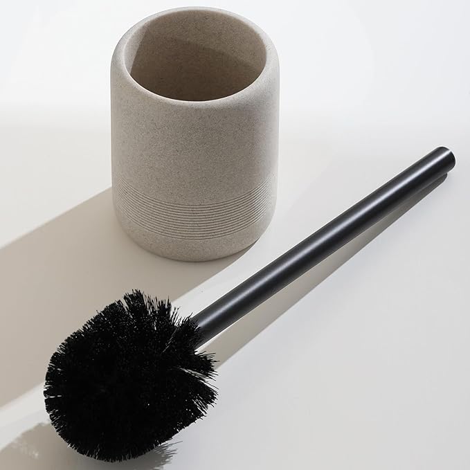Toilet Brush and Holder Set 2 PCS Decorative Toilet Bowl Brush and Holder Set Bathroom Aceessories Toilet Scrubber Brush Set with Heavy-Weight Resin Base with Long Handle (Beige)