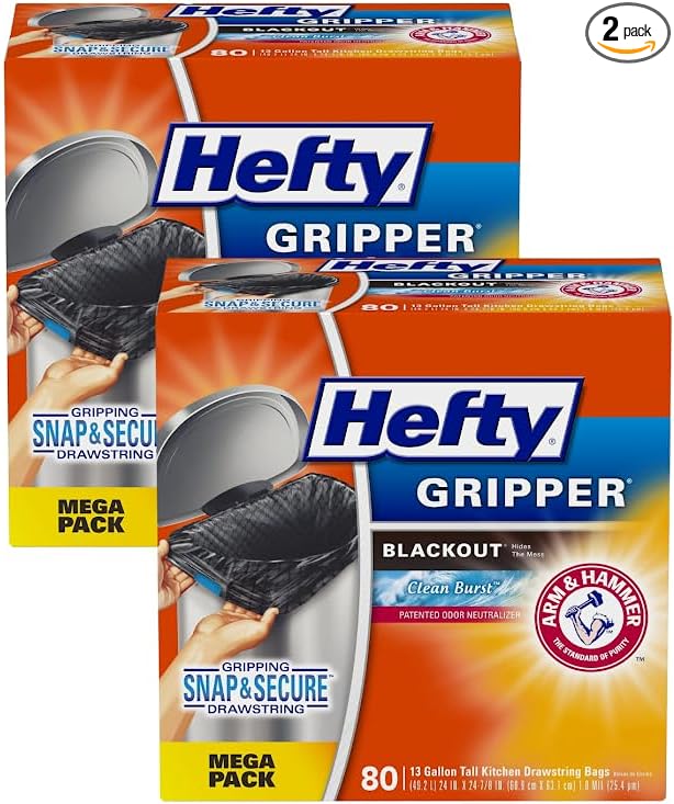 HEFTY Gripper Scented Kitchen Bags Drawstring Plastic Black 80 Count (Pack of 2)