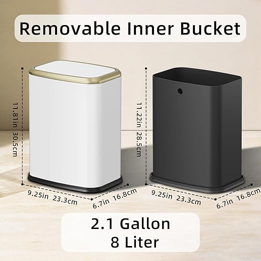 8L/2.1 Gallon Small Bathroom Trash Can with Lid Swing-Top Rectangular Waste Bin Stainless Steel Garbage Can for Home Office Toilet Bedroom Living-Room (White)