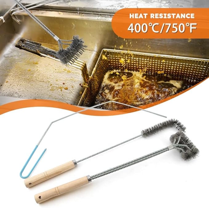 3PCS Brass Bristles Fryer Cleaning Tools L Shaped Fryer Cleaning Brush Long Handle Fryer Basket Cleaning BrushDeep Fryer Cleanout RodBristles for Grill BBQ Cleaning