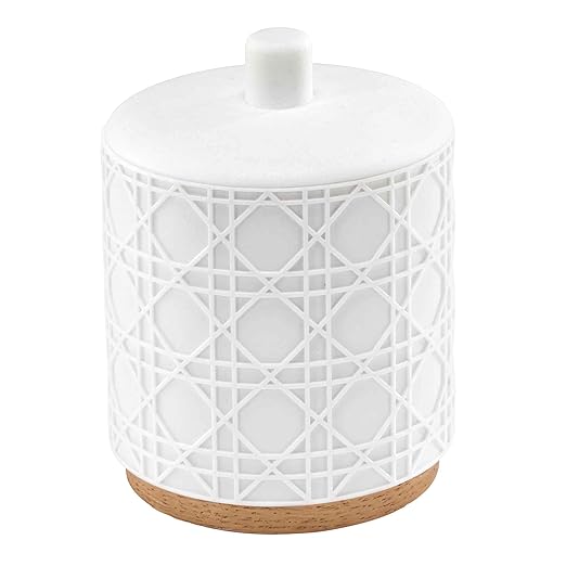 Nicole Miller - Covered Jar Durable Resin Countertop Accessories with Faux-Wood Base Modern Bathroom Decor Dorm Room Essentials (Lena Collection White)