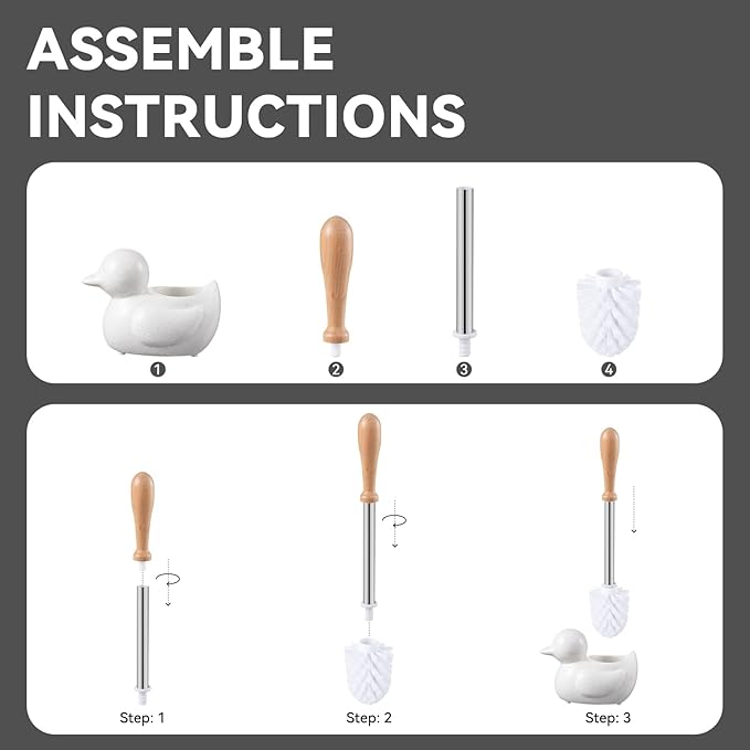 Modern Toilet Brush Set and Holder - Toilet Bowl Brush Ceramic Bathroom Accessories Set Decor Cleaner Brush Kit with Detachable Brush Head &amp Natural Wood Handle (Ivory White)
