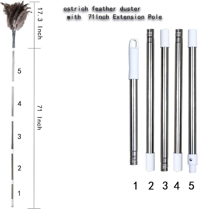 Gray Ostrich Feather Duster with 71Inch PoleExtendable Microfiber Duster for Home Cleaning