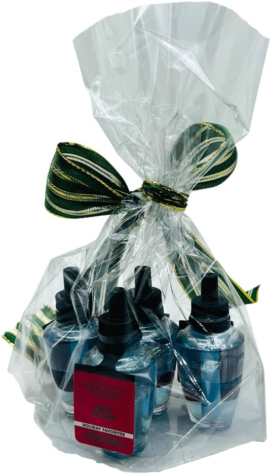 Bath &amp Body Works FRESH BALSAM Wallflowers Home Fragrance Refill Gift Set with 30-Inch Forest Green Ribbon and Metallic Gold Stripes &amp Sheer Accents for Holidays 0.8 fl oz each - Pack of 4