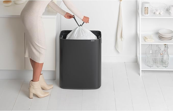 Brabantia Bo Touch Top Kitchen Trash Can with Single Compartment | Matt Black | 16 Gal Inner Bucket | Soft-Close Garbage Can Light Touch Opening Stay-Open Lid | Fits Against Wall | + Trash Bags