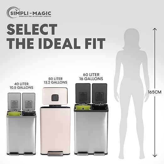 Simpli-Magic 50 Liter / 13.2 Gallon Soft-Close Smudge Resistant Trash Can with Foot Pedal and Built in Filter- White Color