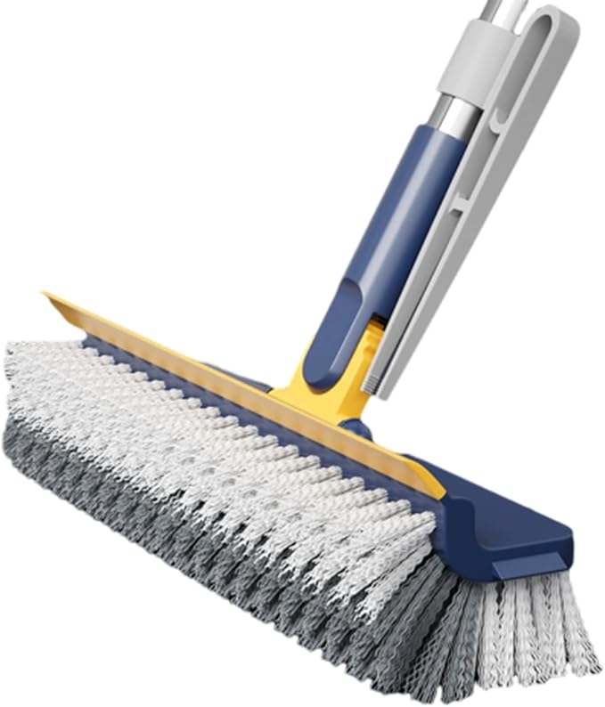3 in 1 Adjustable Scrub Brush Floor Scrub Brush with Long Handle Floor Scrubber with Squeegee and Tweezer Push Broom with Long HandleHeavy-Duty Stiff 90° Bristle Broom (Blue)