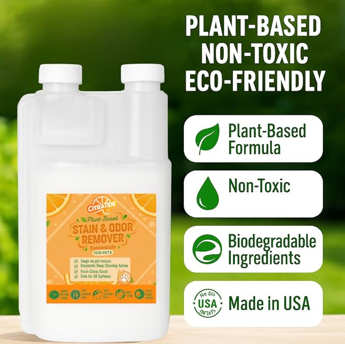 Stain &amp Odor Remover Concentrate (16 fl oz) – Citrus Powered Enzymatic Cleaner – Plant-Based Pet Safe Formula for Carpets Upholstery Hard Floors &amp More – USA Made Eco-Friendly Non-Toxic