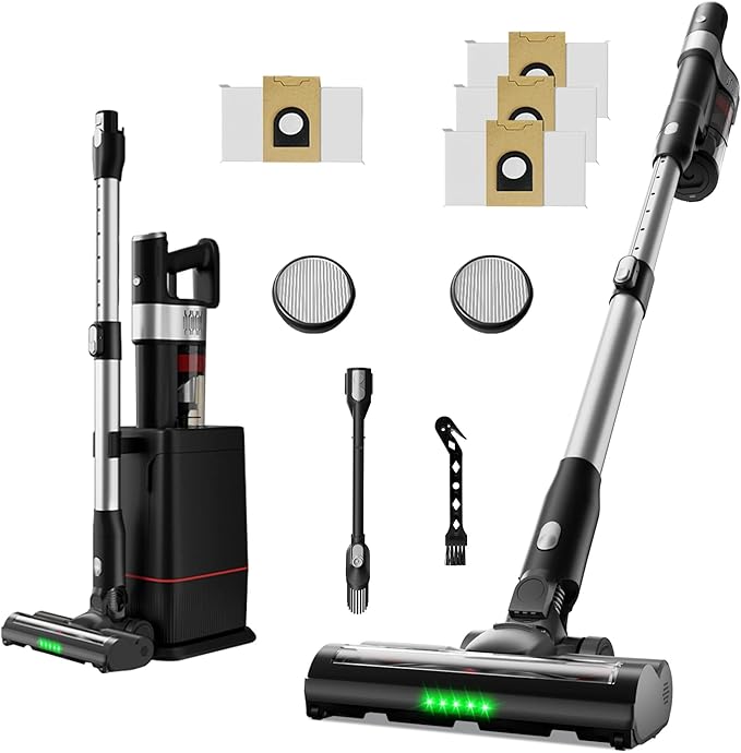 soges Auto-Empty &amp Self-Charging Cordless Stick Vacuum Cleaner with Anti-Tangle Brushroll HEPA Enclosed Barrier System Charging Dock Lightweight Handheld for Pet Hair Hard Floors 45 Min Runti