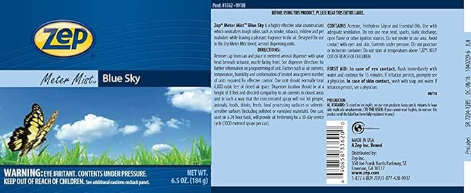 Zep Metered Mist Automatic Aerosol Dispenser Refill Blue Sky - 6.5 Ounce (Case of 12) 336201 - Air Freshener Refills Last 30 Days and Neutralizes Tough Odors